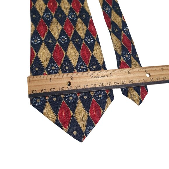 Paul Fredrick Silk Tie Harlequin Red Gold Blue Diamond Daisies Handmade Italy - Picture 3 of 5